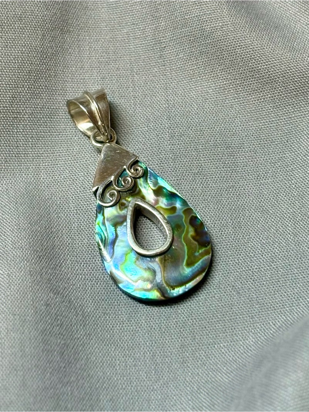 Iridescent Abalone Teardrop Pendant in Blue-Green and Sterling Silver